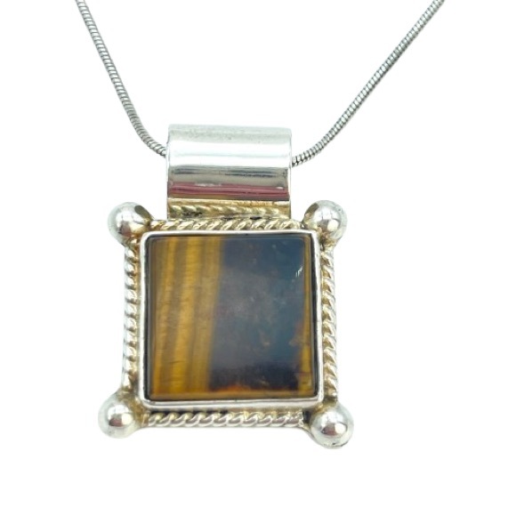 Silver Tigers Eye Square Pendant Necklace on a 925 Sterling Snake Chain - Picture 1 of 14